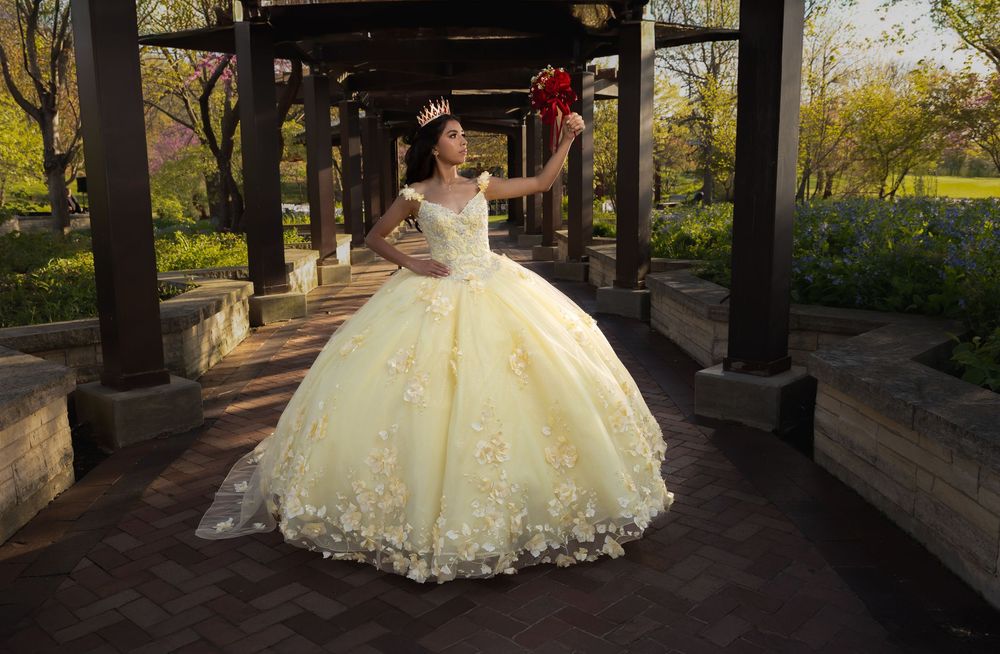 Quinceañera Aileen in a yellow ballgown under a garden pergola. Stunning XV portraits in Lake County by Alex T Photography.