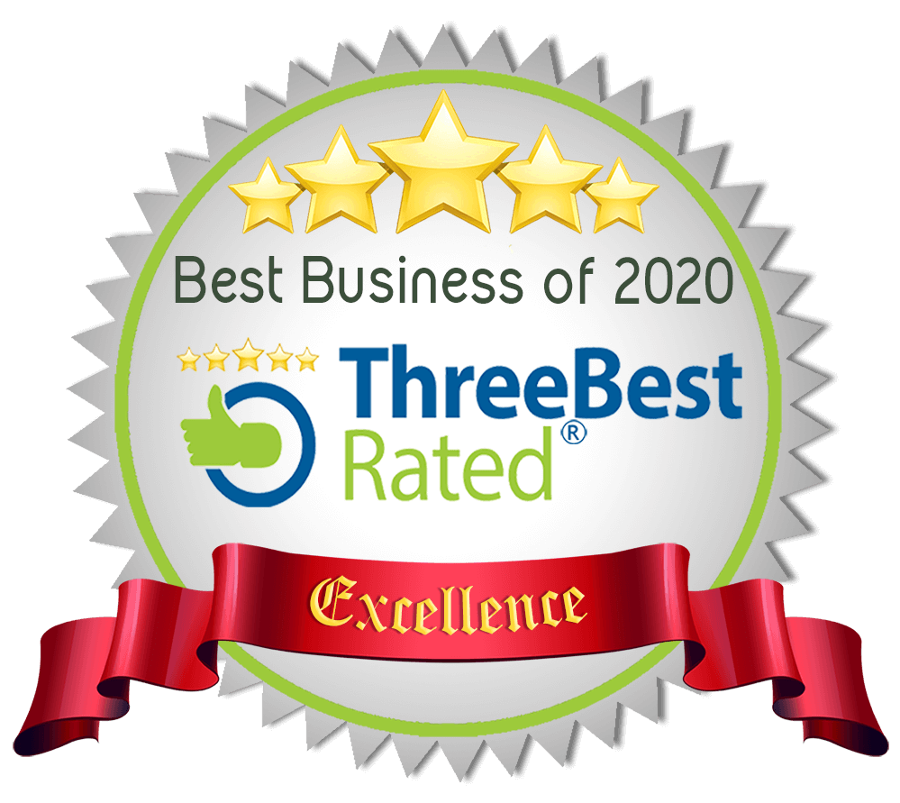 ThreeBest Rated Best Business of 2020 five-star Excellence award badge in gold and red.
