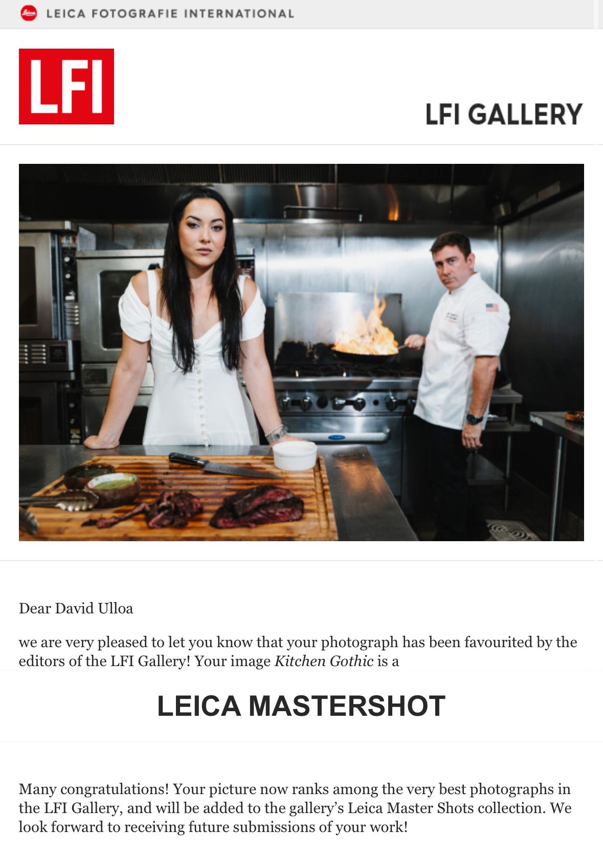 Screenshot of Leica Photography International gallery acceptance notification.