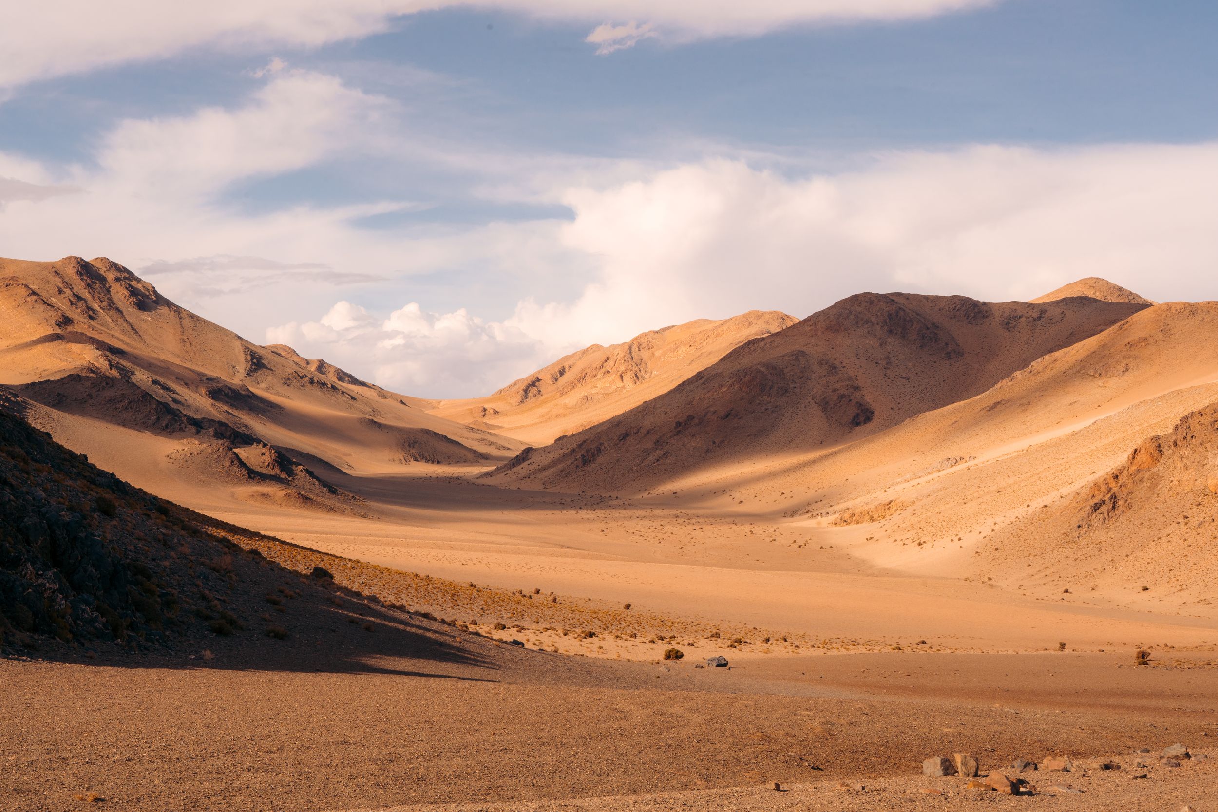 Beautiful panoramic view of rolling sandy dunes and rocky mountains in a vast desert landscape at sunset.