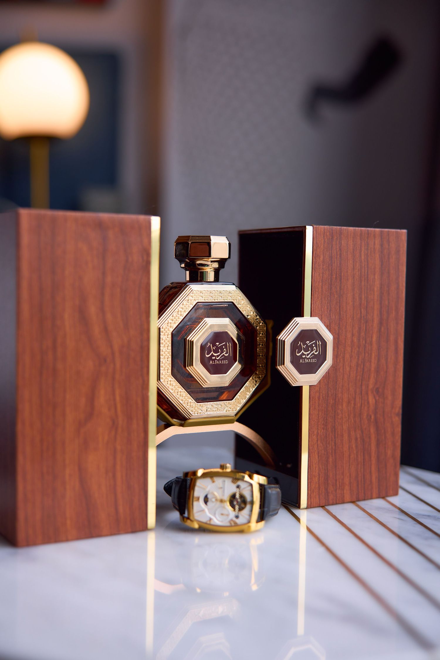 A sequence of four photos showing wooden jewelry boxes with hexagon-shaped inlays opening progressively to reveal contents.