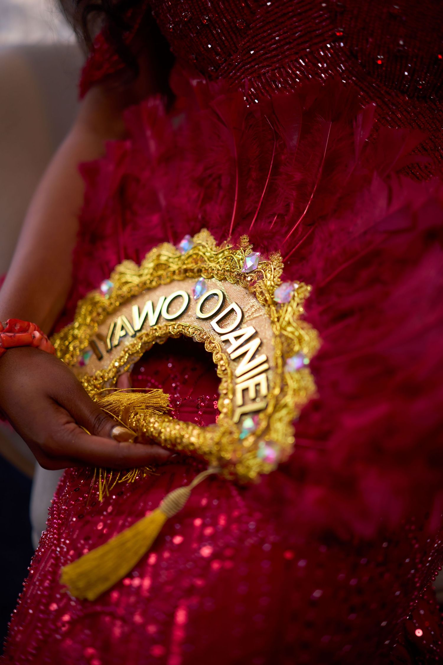 Close-up view of an ornate golden mask with deep red feathers used in Carnival festivities.