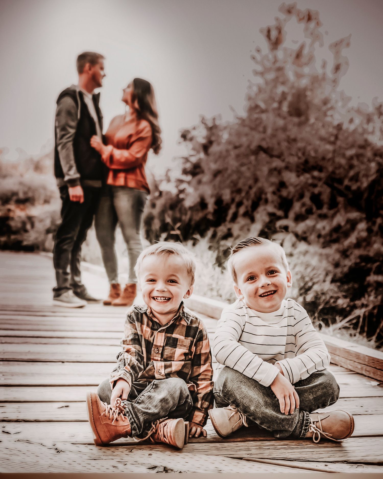 A series of sepia-toned photographs showing playful moments between family members on a wooden deck.