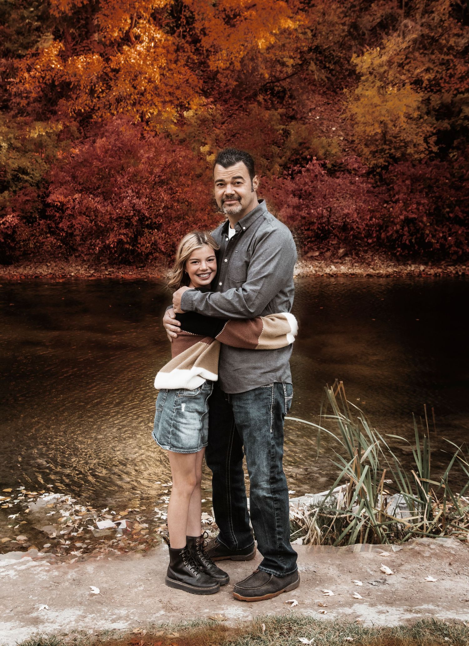 A creative series of photos showing feet and legs standing by a pond with autumn foliage reflecting in the water.