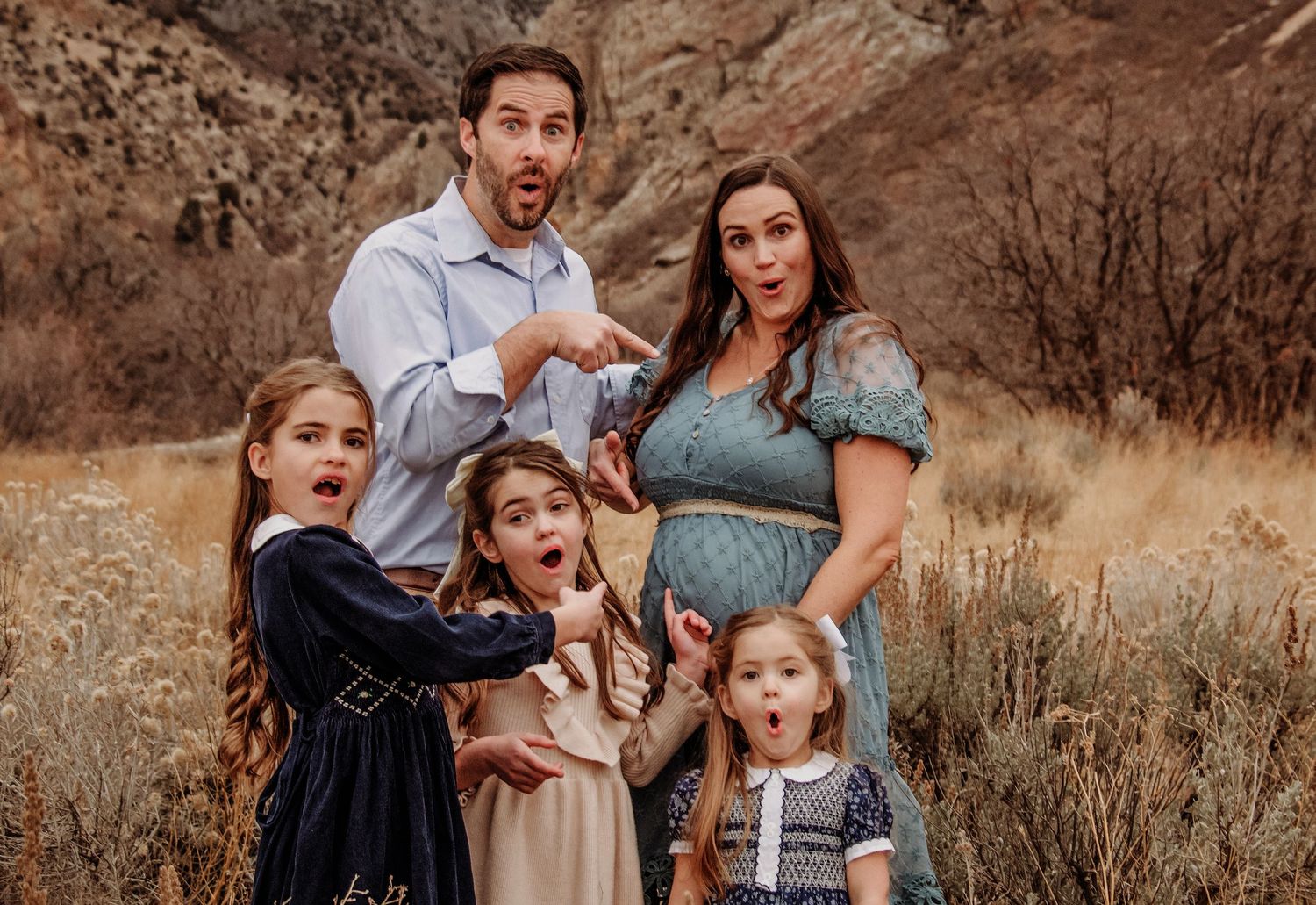 A collection of warm-toned family portraits captured in a rustic outdoor setting with desert brush.