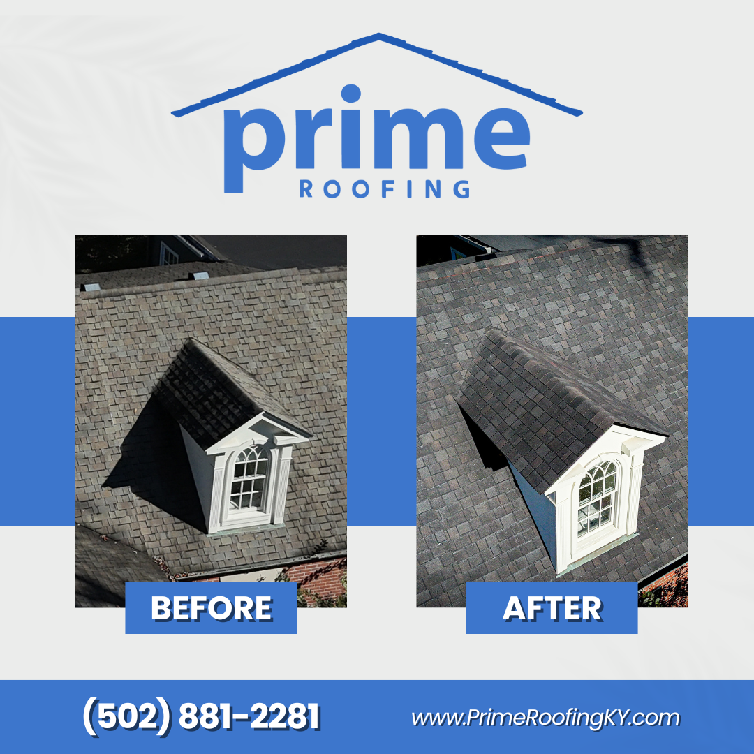Before and after comparison showing roof dormer repairs with window and shingles by Prime Roofing.