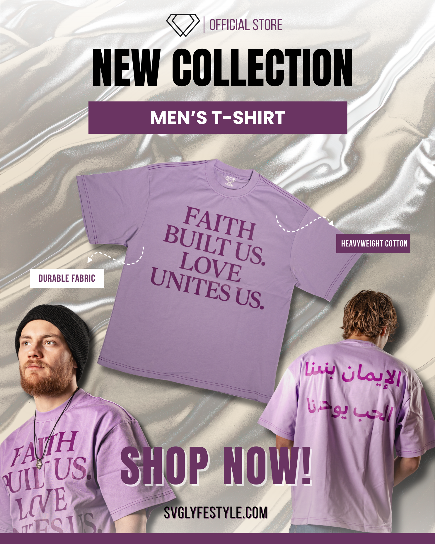 Purple t-shirt collection display showing 'Faith Unites Us Love Unites Us' text designs in multiple languages.