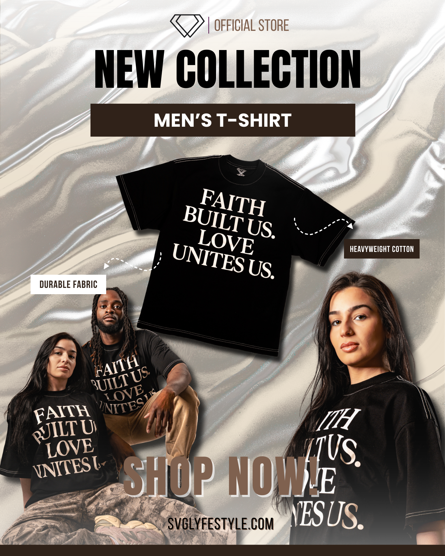 Black t-shirt design mockup showing 'Faith Built Us Love Unites Us' text with lifestyle product photos on gray background.