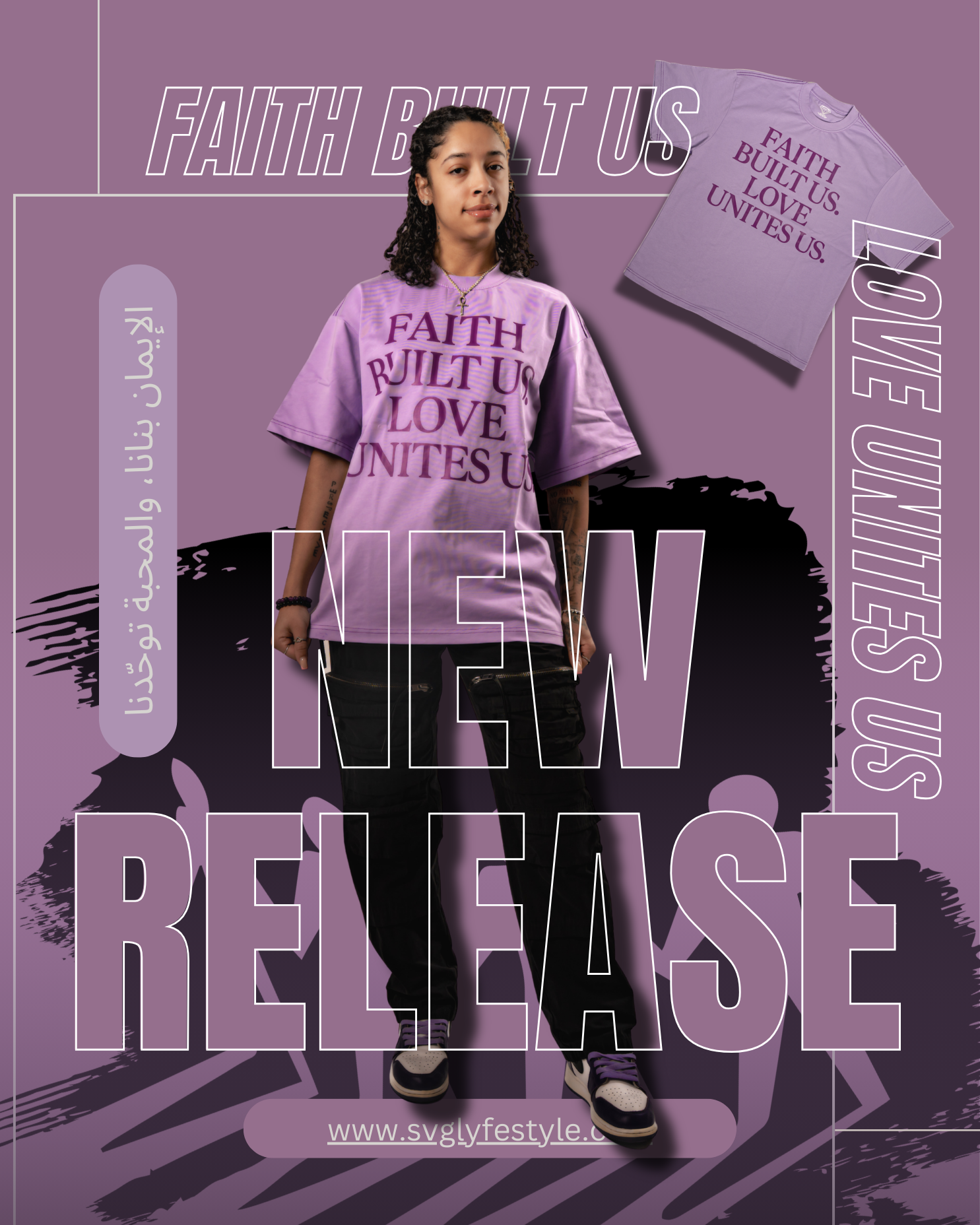 Purple and black collage of promotional graphics with text 'Faith Lift Us' repeated in modern urban style.