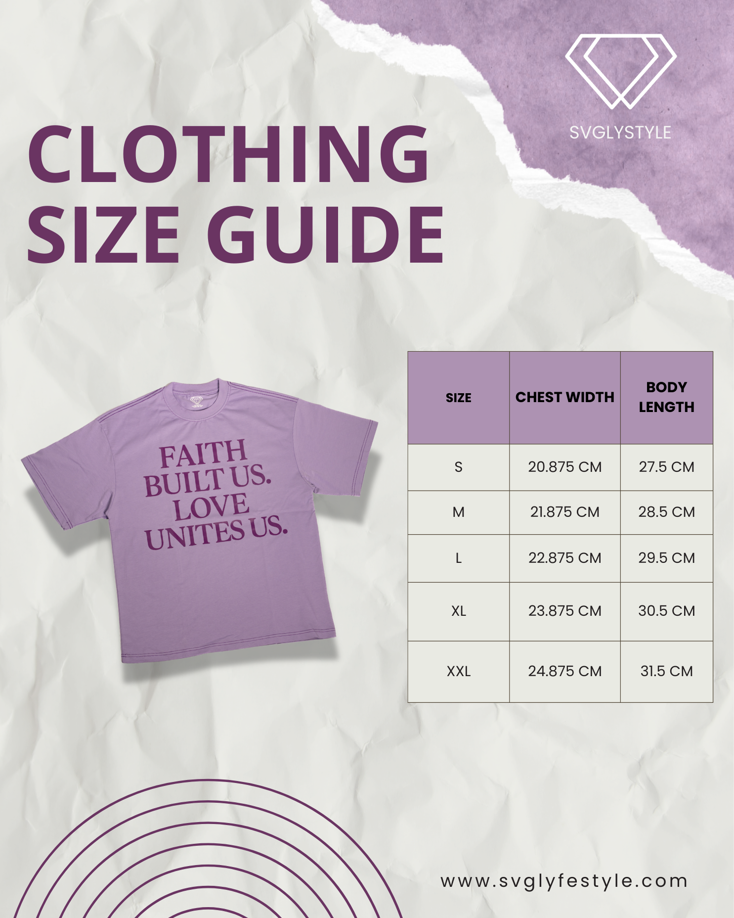 Purple and white clothing size guide chart showing measurements for chest width and body length in different sizes.