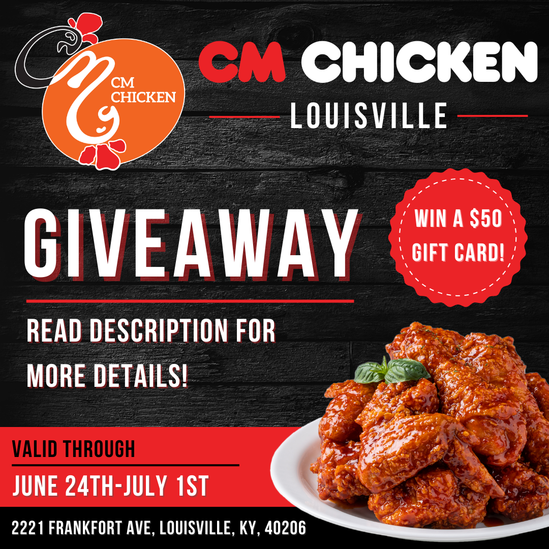 Korean fried chicken restaurant promotional banner advertising a $50 gift card giveaway in Louisville through July 1st.