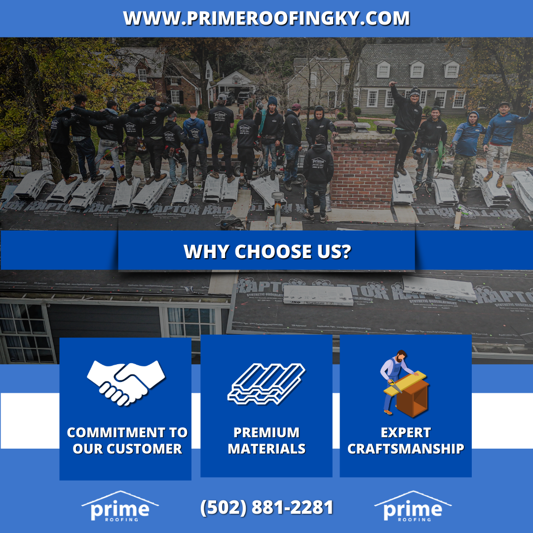 Large roofing crew gathered in front of residential homes with company values icons showing commitment and craftsmanship.