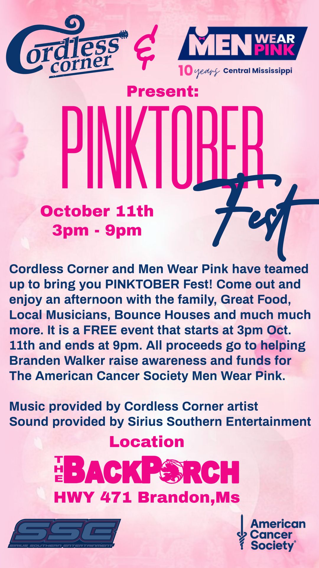 Pink promotional banner for Pinkfest charity event benefiting breast cancer awareness with event details and logos.