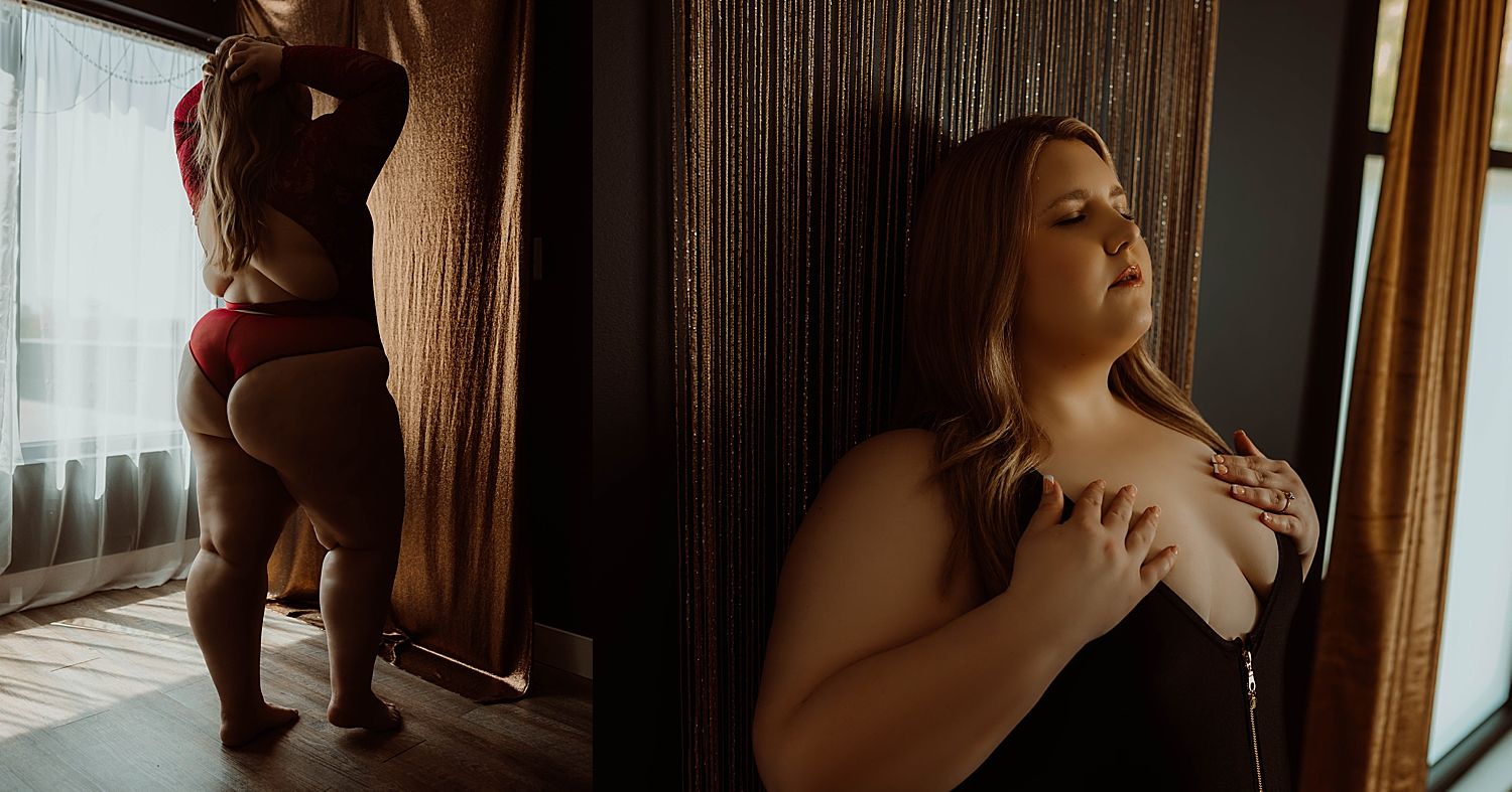 woman with curves in sheer red bodysuit in front of window by Wisconsin boudoir photographer