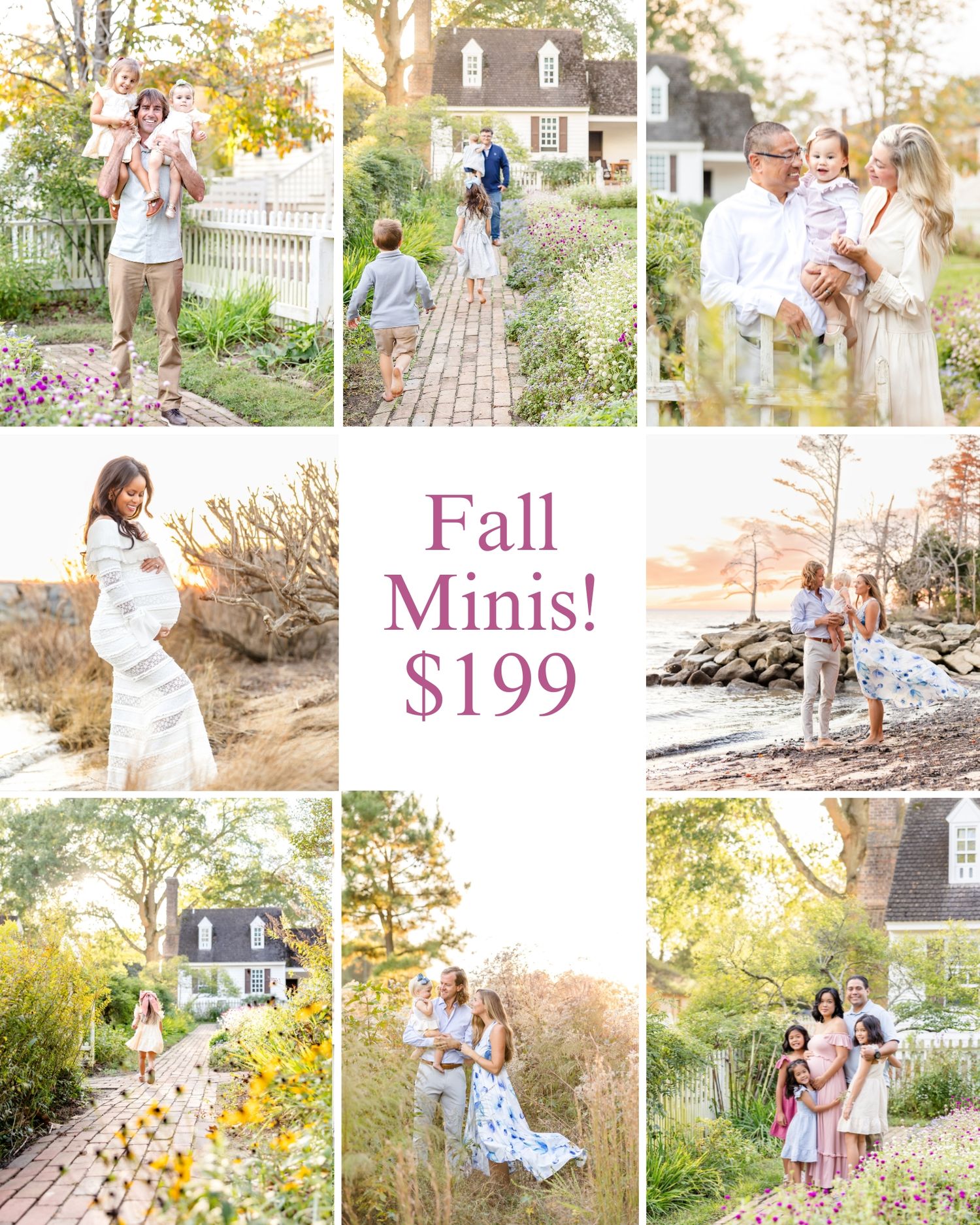 Fall minis photography sessions will be held in Colonial Williamsburg and Jamestown, Virginia. Cottage garden, beach, and meadow options.