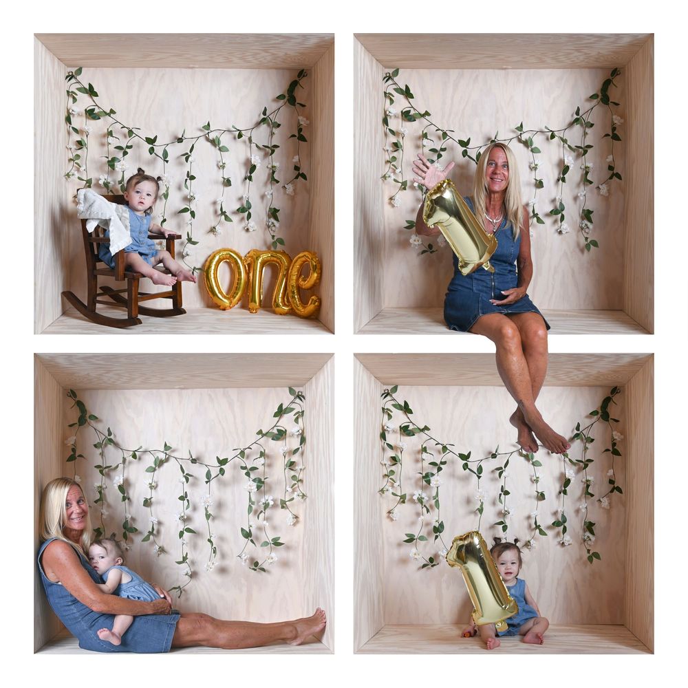Four panel photo series showing a skateboarding progression against a floral backdrop with a gold 'one' decoration.