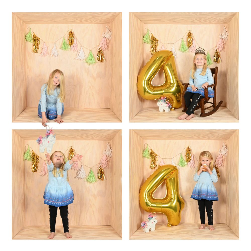 Photo booth style images with gold balloon decorations and people posing in wooden cubbies.