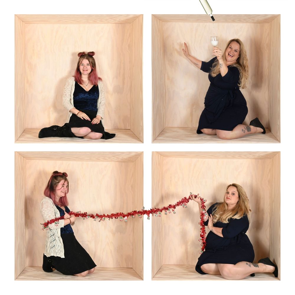 A four-panel photo booth sequence showing playful poses and interactions with a red garland in a wooden box setting.