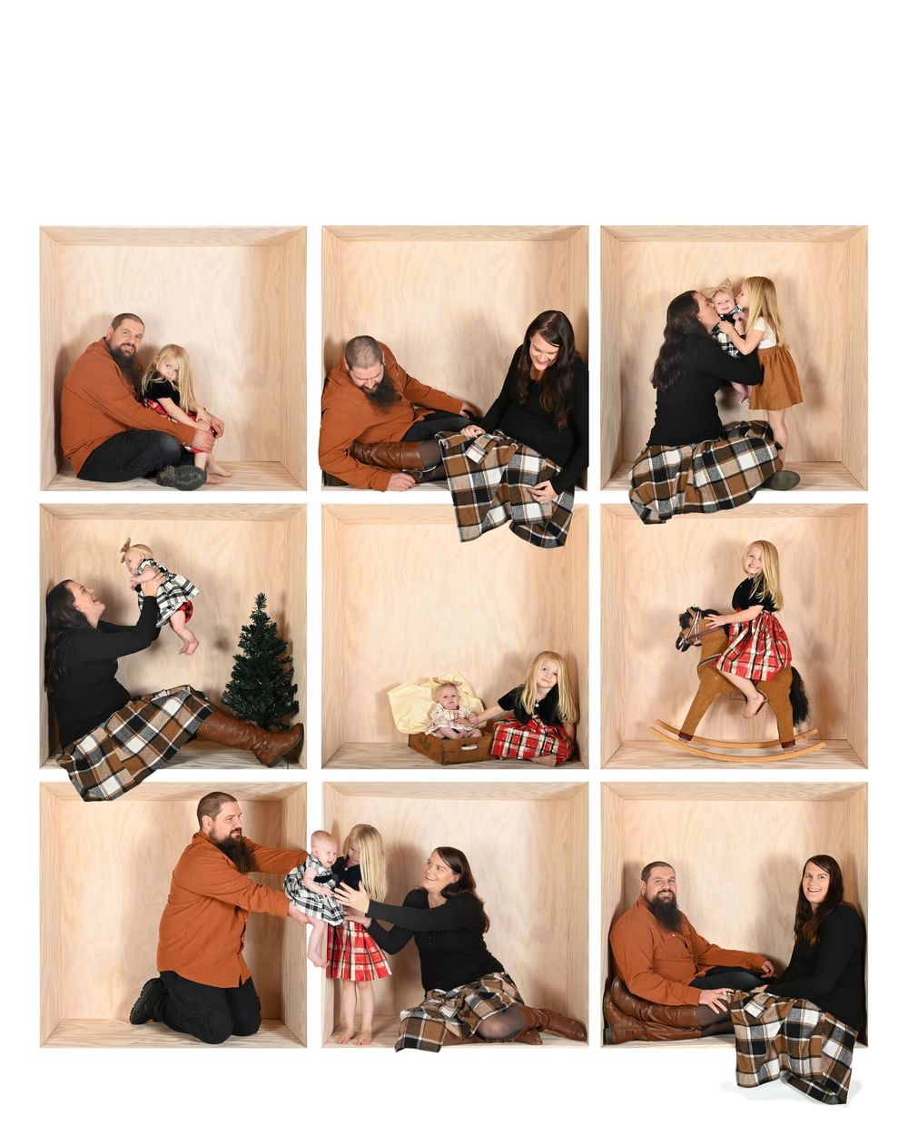 Collection of casual photo booth shots showing people posing in wooden compartments.