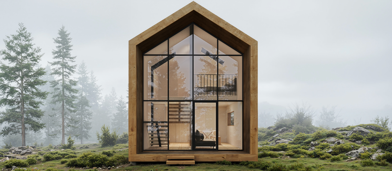A wooden A-frame cabin design concept showing multiple side views in a scenic mountain landscape setting.