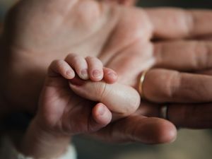 Two hands in close contact showing intimacy and tenderness against a soft blurred background.