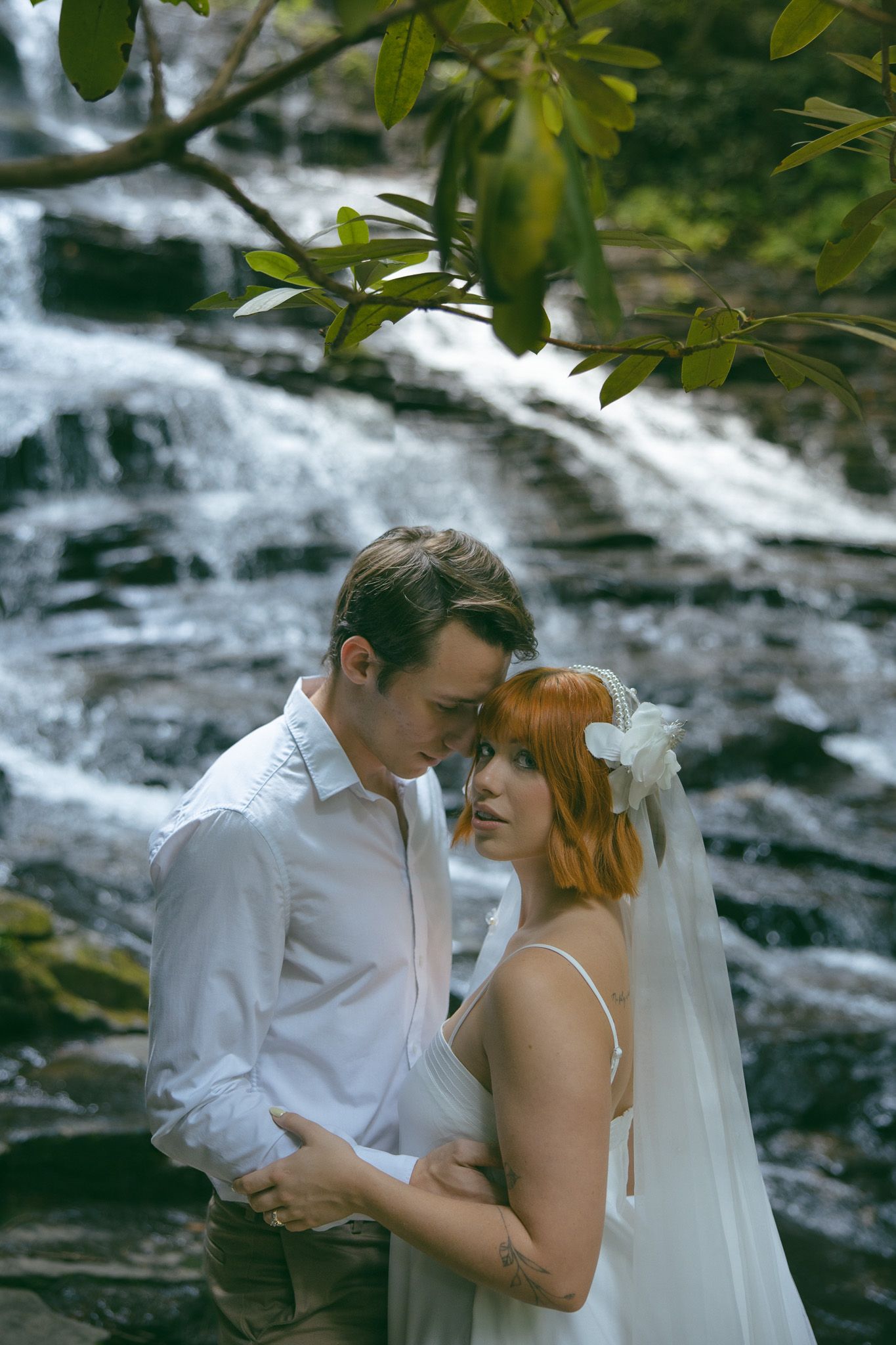 romantic couple waterfall wedding elopement private north carolina wnc sc tn forest elope bride groom
