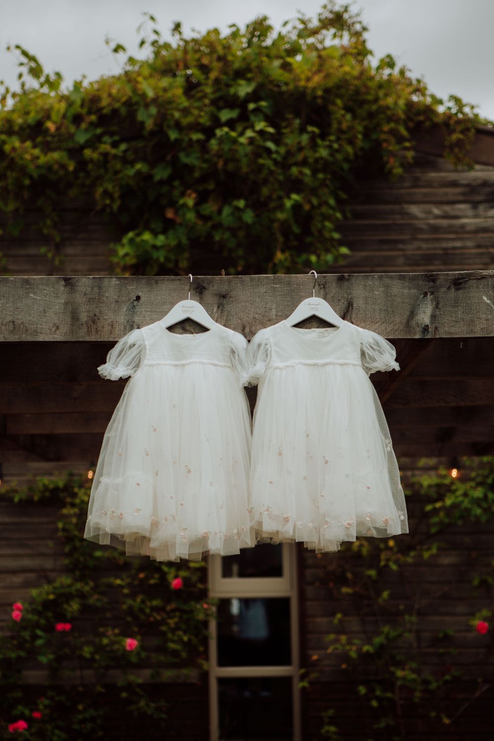 Two matching white flower girl dresses hanging against a wooden wall with climbing vines.