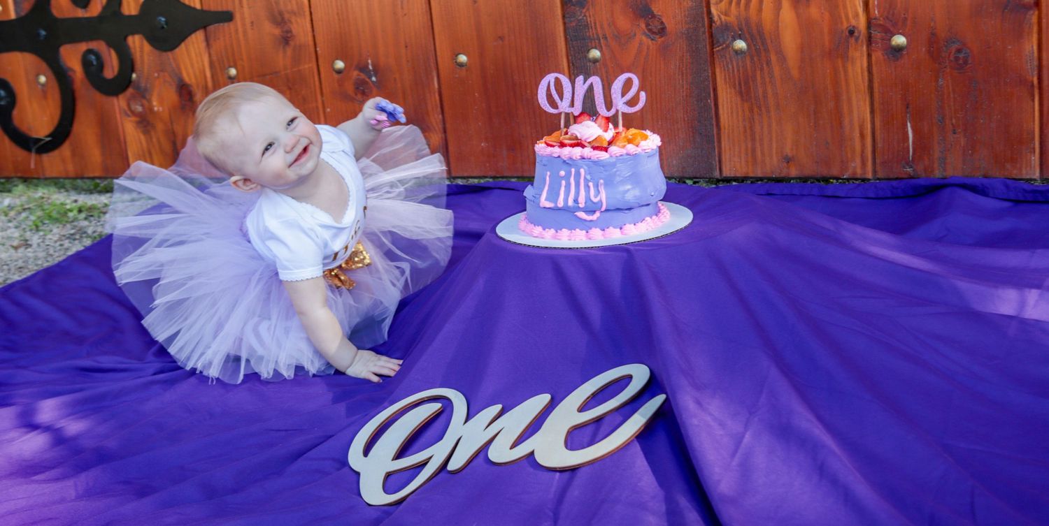 Baby girl celebrating her first birthday with a cake smash setup at the International Peace Gardens in Salt Lake County, Utah