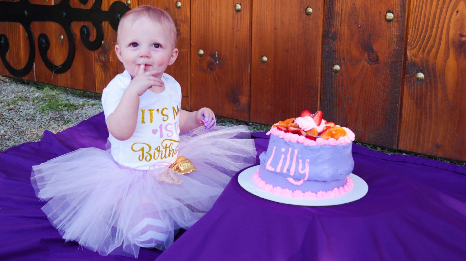 Baby girl sitting on a rock at the International Peace Gardens during a first birthday photo session in Salt Lake County, Utah