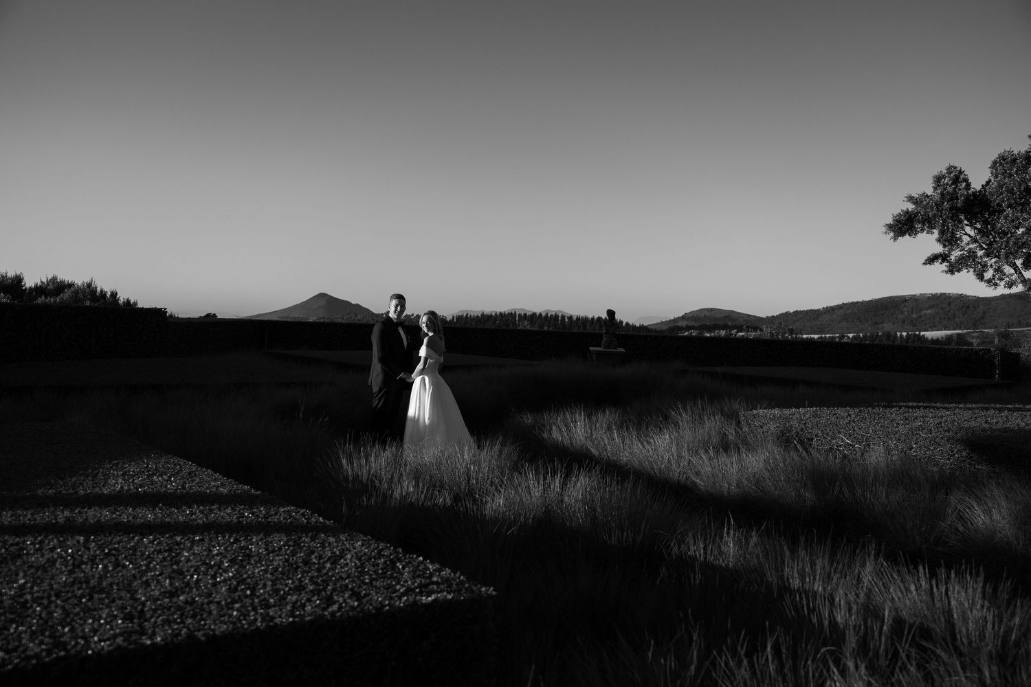 A series of black and white landscape photographs showing fields, mountains and rural scenery at dusk.