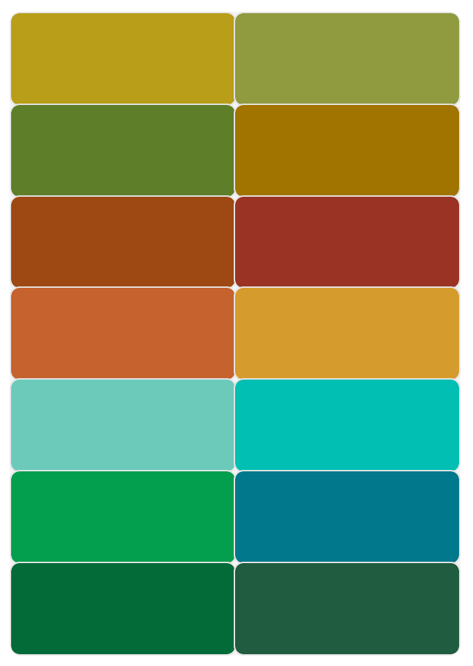 A color palette featuring warm earth tones transitioning to cool greens and blues arranged in rectangular swatches.
