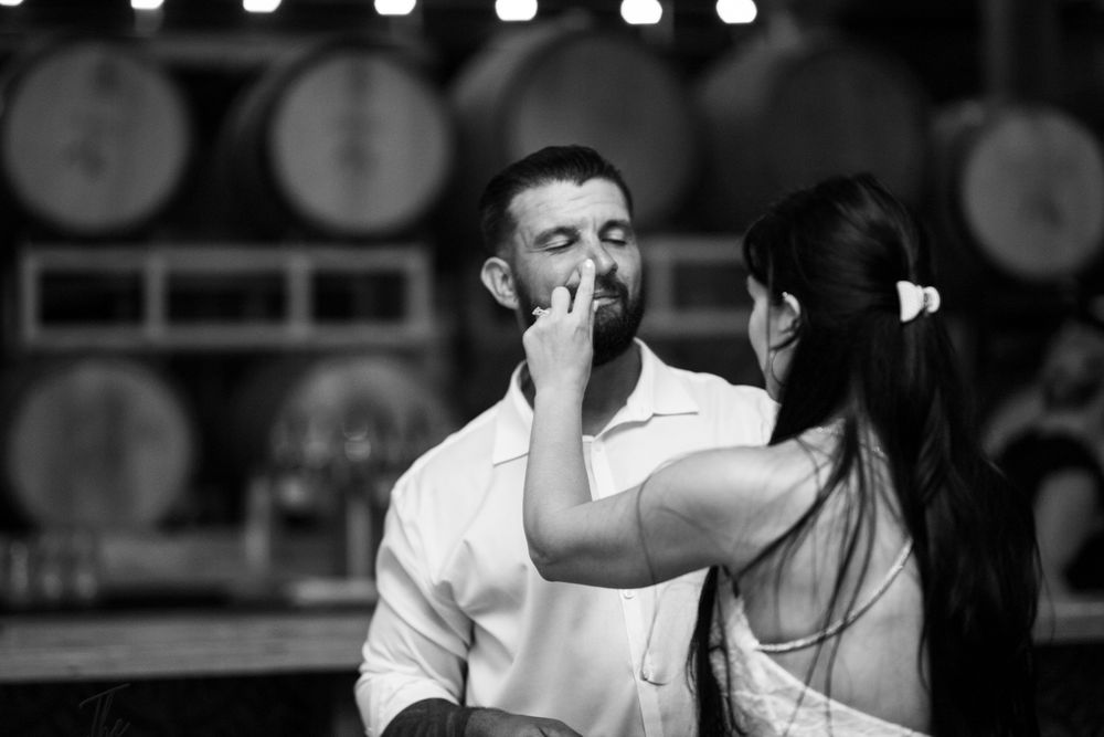 A black and white photo montage shows people drinking at a bar counter in various poses.