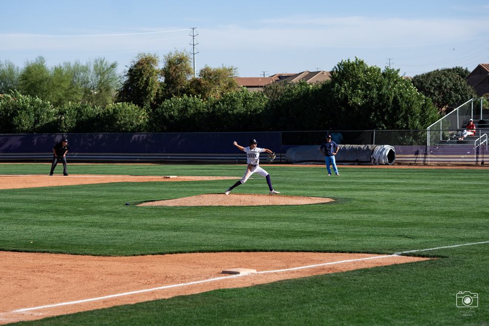 Baseball players compete in a series of action shots showing pitching and batting on a sunny day at a grass field.