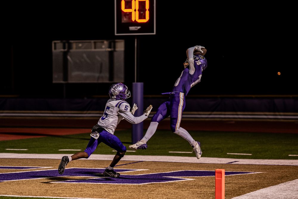 Football game action shots at night with scoreboard and players making plays.