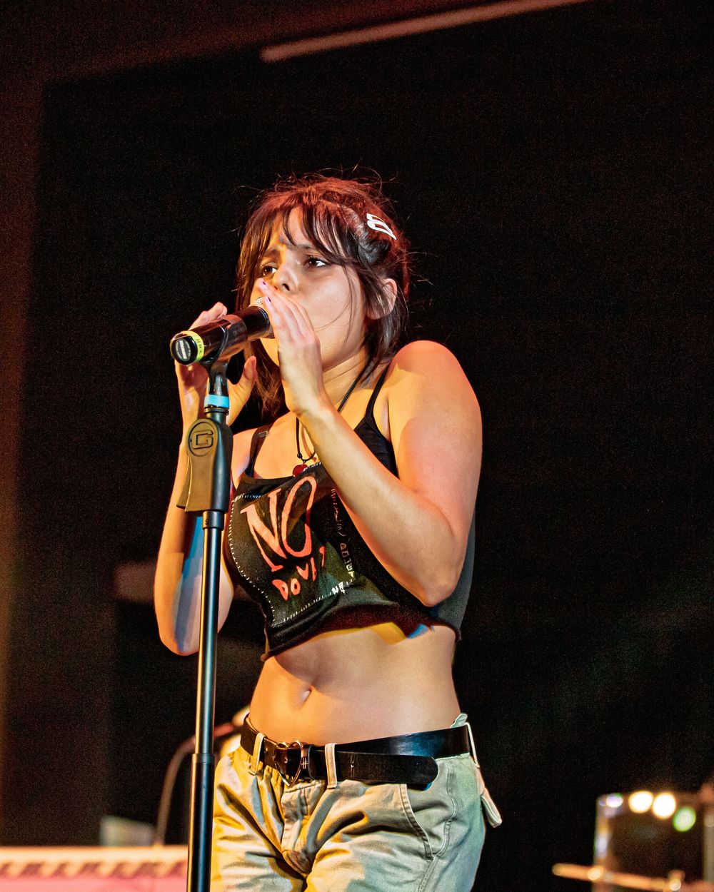 Singer performs passionately on stage in dramatic lighting during a concert performance.