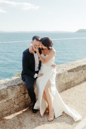 Elegant bride and groom in Old Town Split – captured by a professional Croatia wedding photographer.