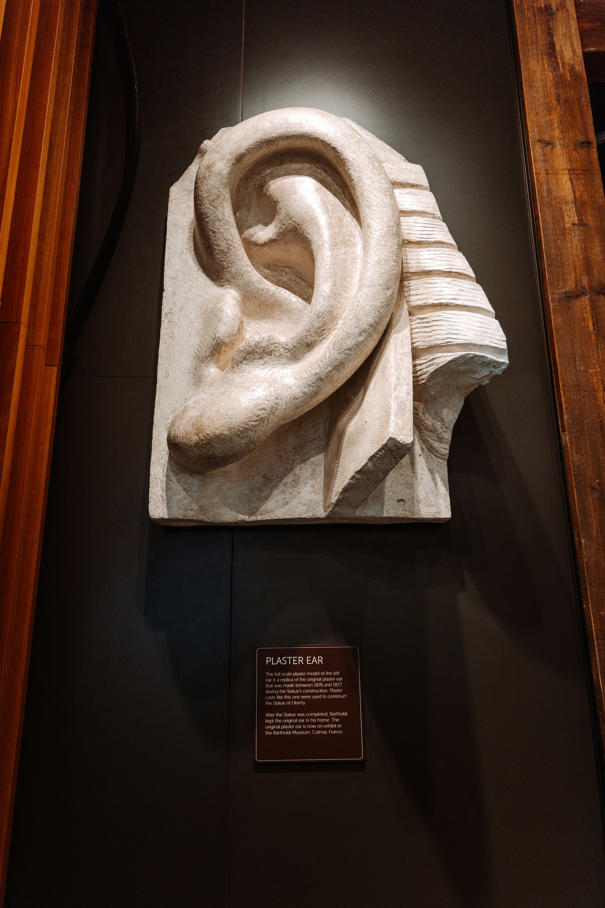 Stone carved ear sculptures displayed in a museum exhibition with dark background.