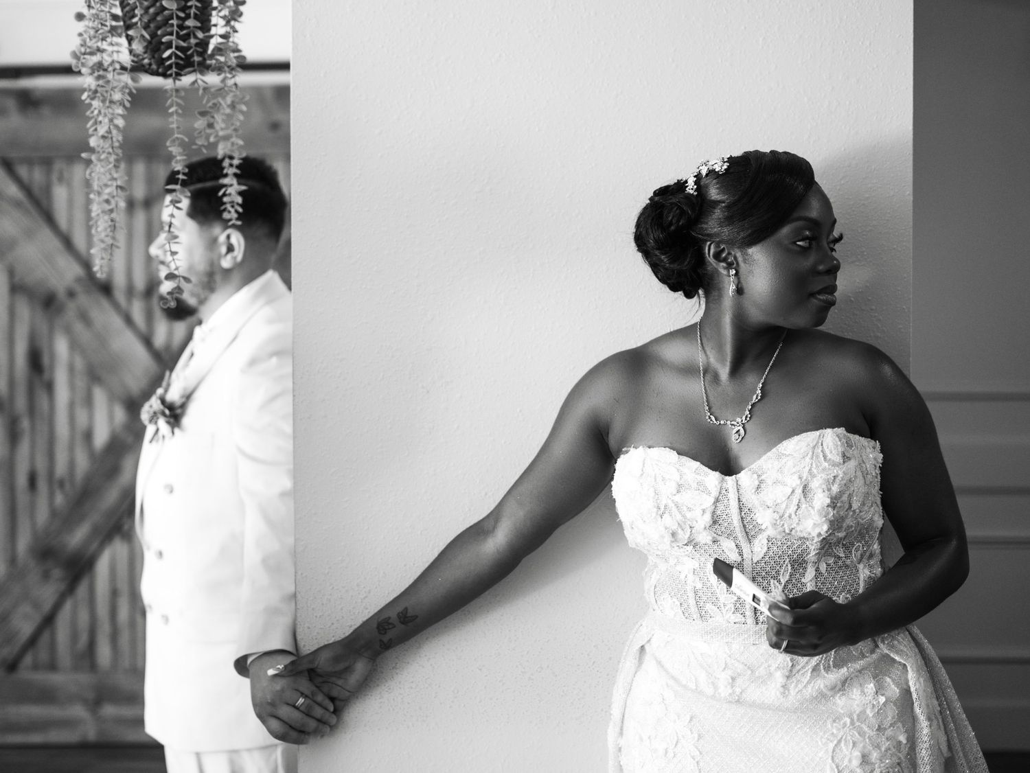 A romantic black and white wedding photo collage showing intimate moments between newlyweds during their special day.