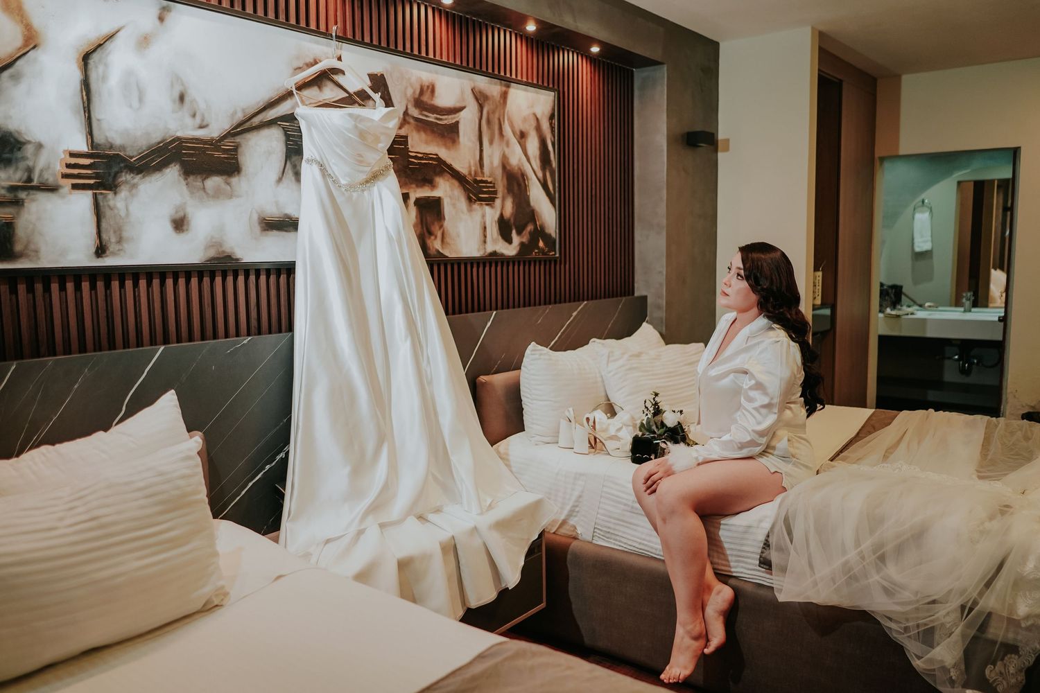 A series of photos showing wedding dress preparations and fittings in a bridal boutique dressing room.