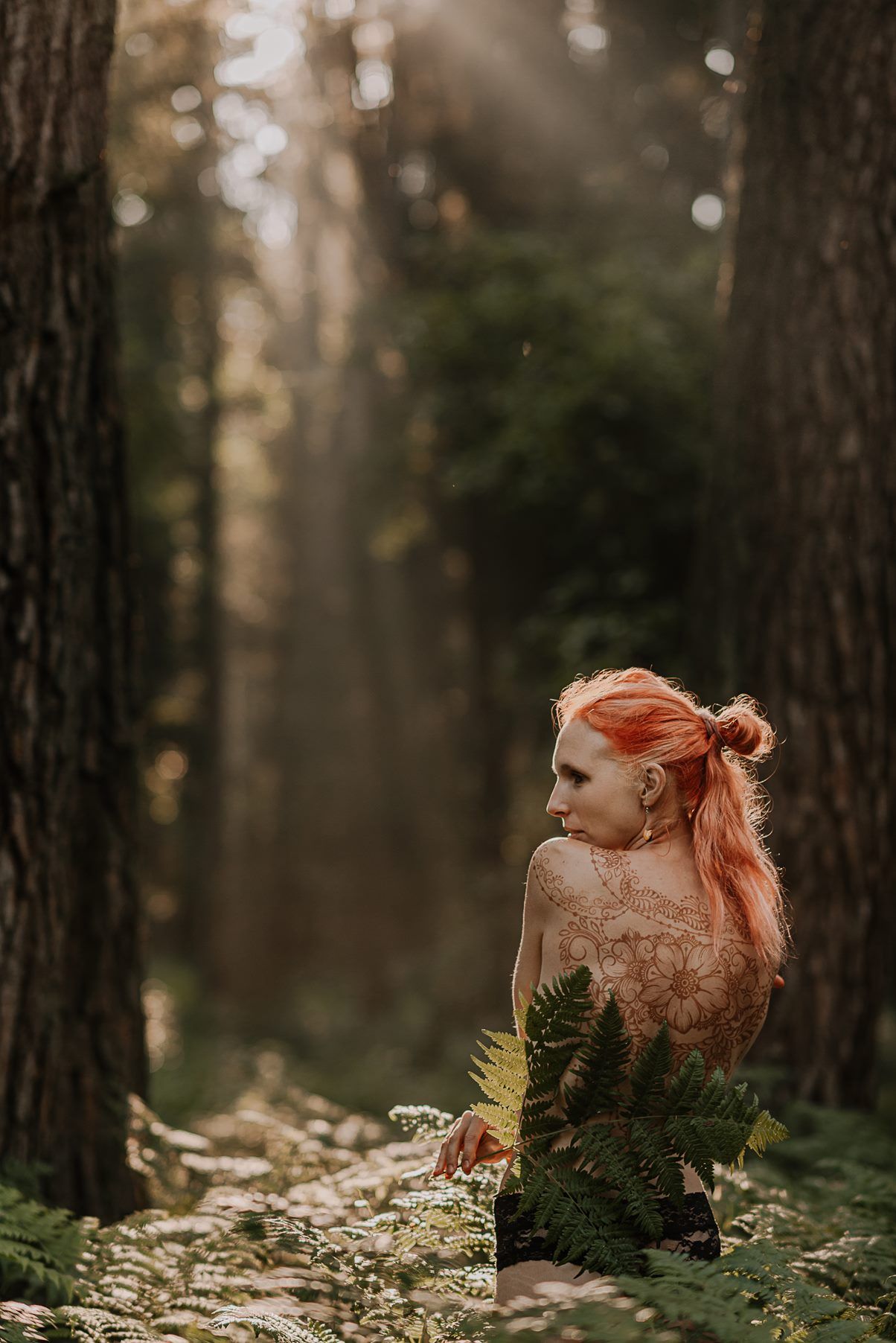 Artistic forest scene featuring a figure surrounded by ferns and pine trees.