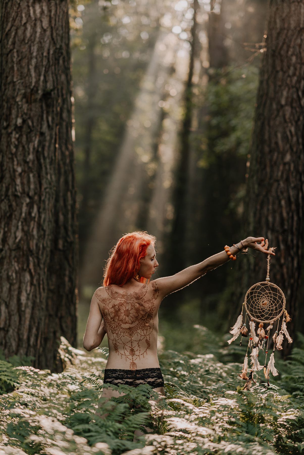 Dreamy woodland scene with a dreamcatcher and person among ferns and trees.