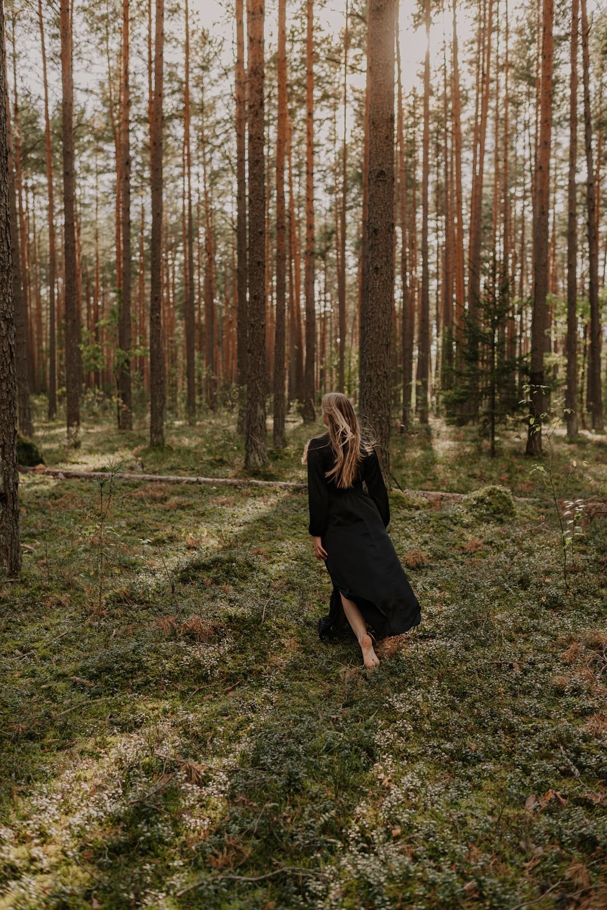 A series of photos showing someone dancing freely through a sunlit pine forest.