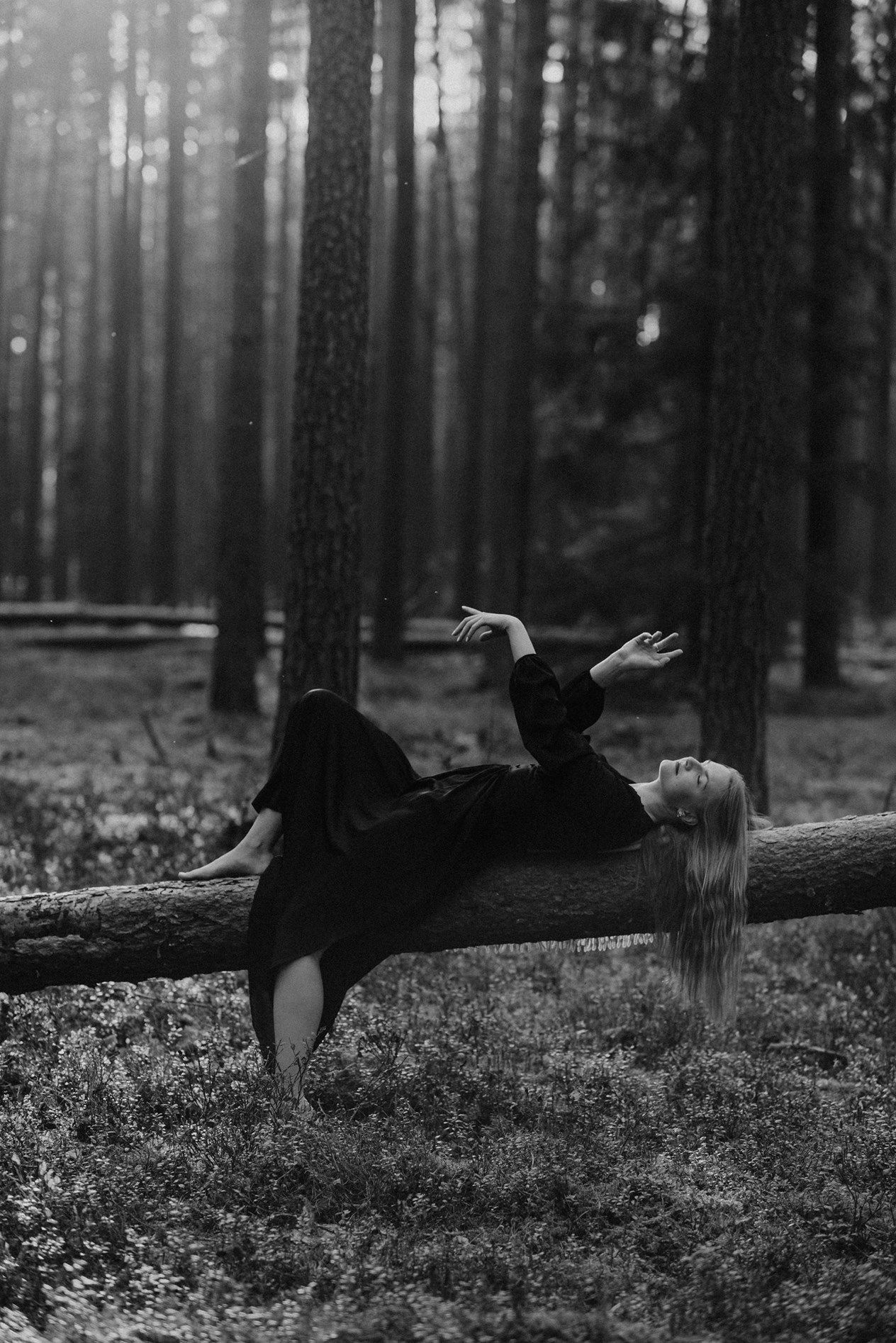 A figure in black reclines on a fallen tree trunk in a moody black and white forest scene.