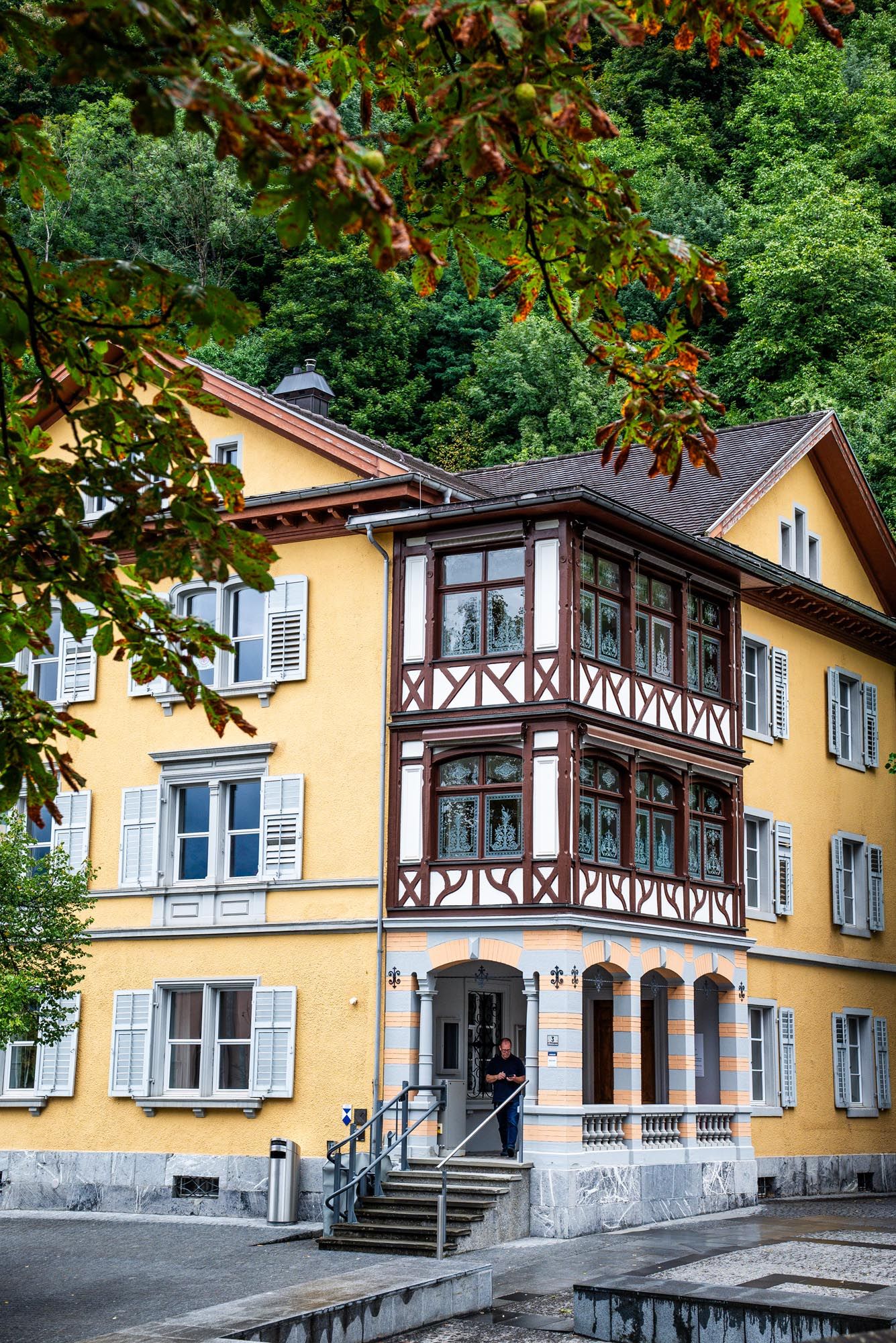 Traditional yellow European villa with brown Tudor-style trim and ornate bay windows in a lush forest setting.