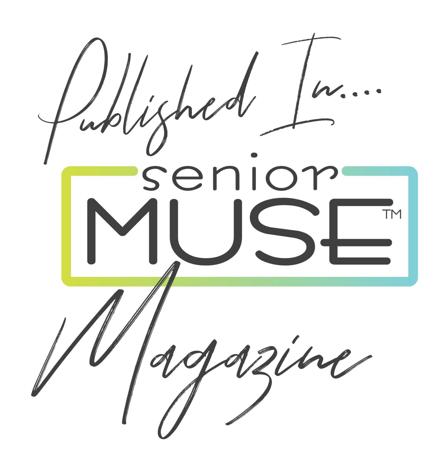 Stylized logo design for Senior Muse Magazine with handwritten text and modern geometric accent elements in green and blue.