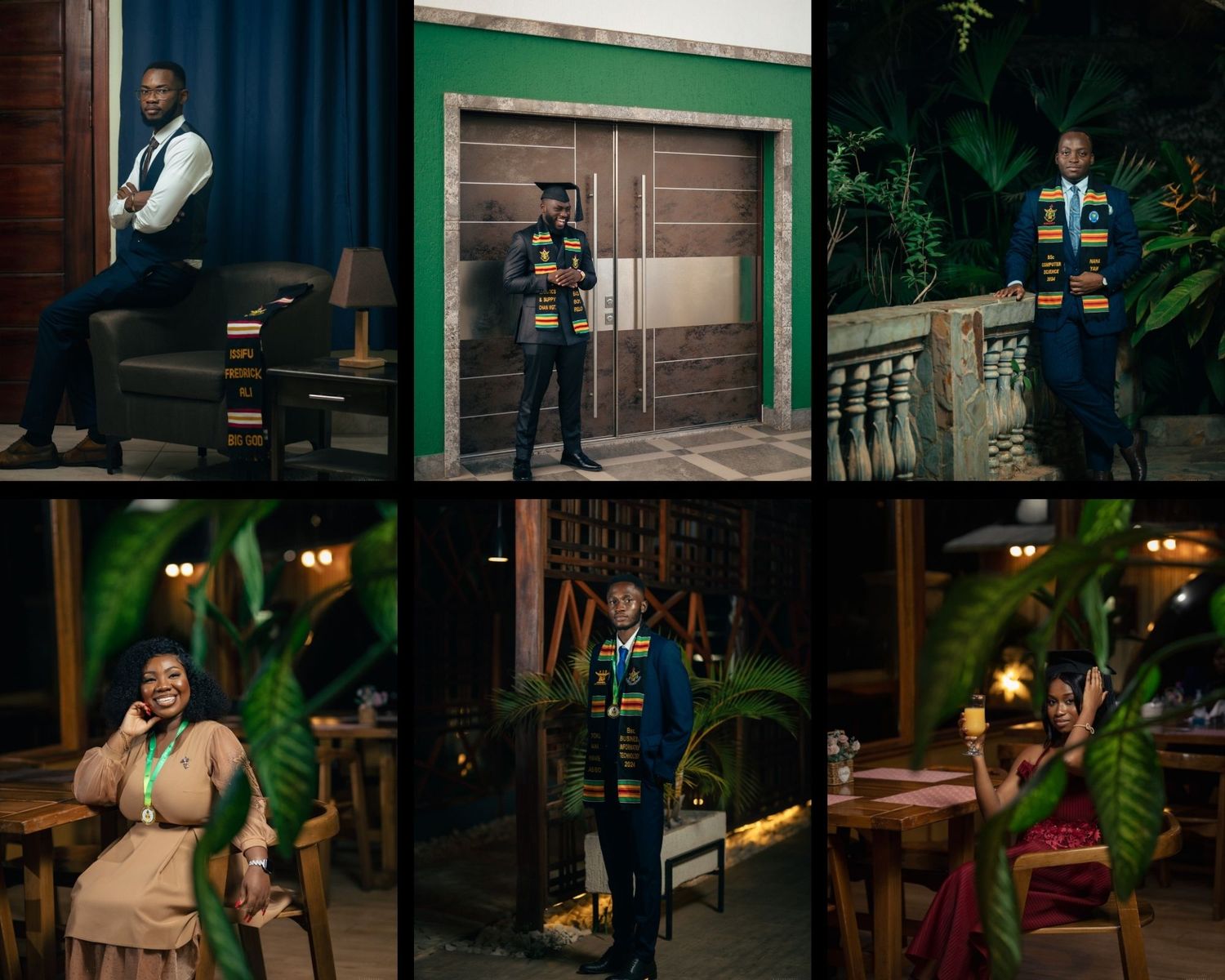 Compilation of graduation portraits showing various poses and celebratory moments.