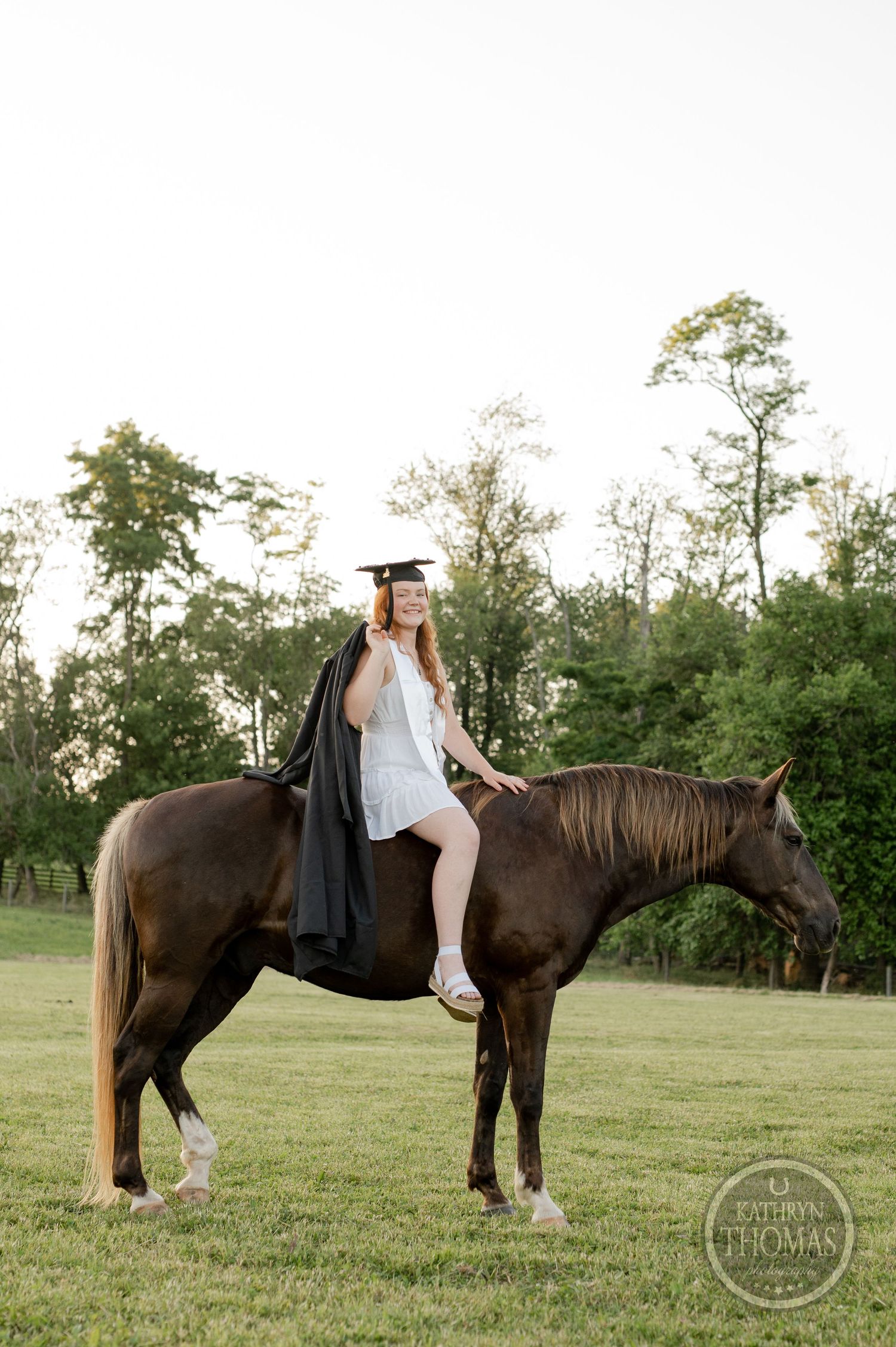 A graduate wearing academic regalia sits atop a dark brown horse in a serene field setting.