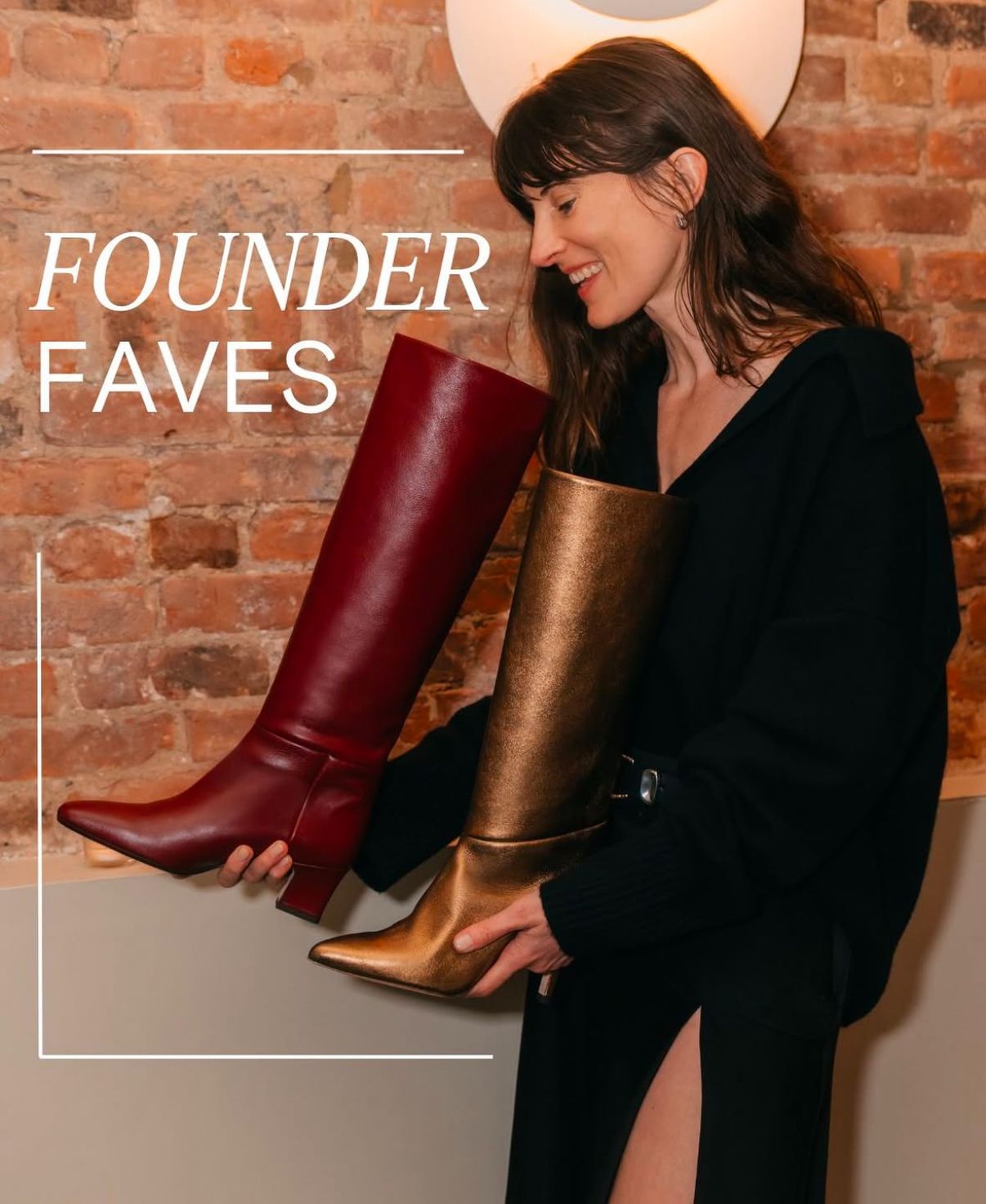 Display of burgundy and copper knee-high boots against brick wall.