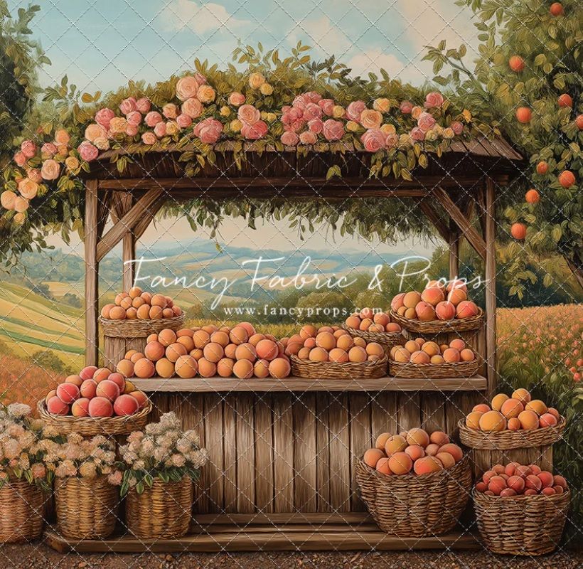 Rustic wooden farm stand displays baskets overflowing with freshly harvested peaches at an orchard market.