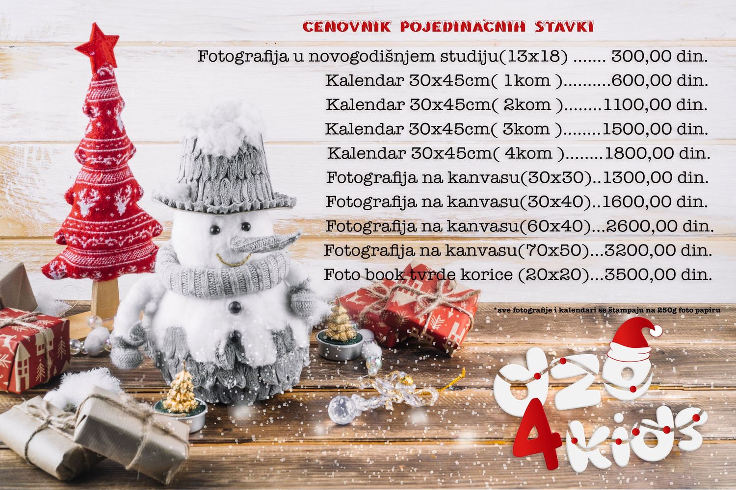 Price list display with red and silver Christmas decorations and ornaments on rustic wooden background.